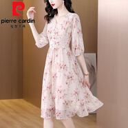 皮爾卡丹（pierre cardin）碎花雪紡連衣裙女士裝夏季2026年新款春秋小個(gè)子氣質(zhì)七分袖中長(cháng)裙 粉紅色 XL