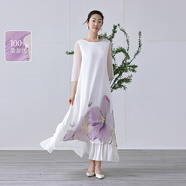 生活在左桑蠶絲印花連衣裙紫荊花寬松2025夏季新款花仙子長(zhǎng)裙女 米白色 M
