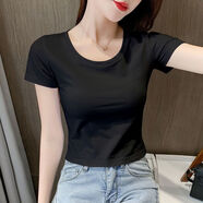 GUOCILRNins百搭純色女裝露肚臍短款修身上衣女打底衫大圓領(lǐng)短袖T恤 [優(yōu)質(zhì)面料]大圓領(lǐng)黑 2XL