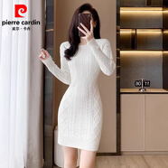 皮爾卡丹（pierre cardin）配大衣內(nèi)搭打底包臀裙子2025秋冬新款純色麻花加厚毛衣針織連衣裙 米白色 XL 175