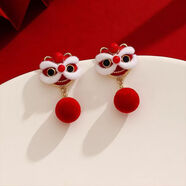 默研（MOYAN）醒獅無(wú)耳洞耳夾蚊香盤(pán)新年紅色耳釘女2026年新款獨特耳飾耳環(huán)小眾 醒獅絲絨毛球耳夾