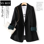NY-RCE韓國網(wǎng)紅小西裝外套女新款春秋季韓版百搭寬松休閑西服上衣套裝 黑色(中長款) 3XL (140-160斤)