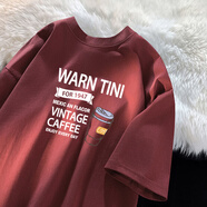 普達(dá)馳純棉T恤男短袖夏季寬松上衣半袖潮牌體恤 酒紅色_WARN水杯(短袖) 3XL