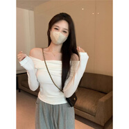 港萌韓國chic秋季法式小眾斜領(lǐng)露肩T恤衫不規則設計拼接長(cháng)袖上衣女款 白色 S