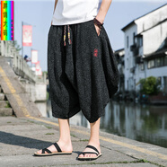 胖鴿大碼中國風刺繡七分褲男款夏季休閑寬松冰絲短褲潮牌運動哈倫褲子 黑色 5XL 建議200-240斤可穿