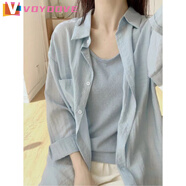 VOYDOVE藍色長袖防曬襯衫女外套春夏薄款顯瘦寬松休閑polo領(lǐng)亞麻襯衣 藍色襯衫【z】 L 115-130斤
