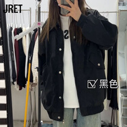 JRET薄款外套女春秋簡(jiǎn)約款潮流扣子設(shè)計(jì)美式休閑情侶外套女 黑色 L 105-120斤