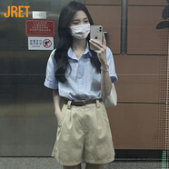 Jret藍(lán)色襯衫女夏季2024新款BF風(fēng)百搭polo領(lǐng)上衣寬松短袖外穿休閑襯衣 藍(lán)色短袖 M