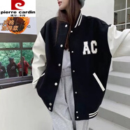皮爾卡丹（pierre cardin）棒球服外套女學(xué)生潮牌ins春秋新款韓版顯瘦bf原宿港風(fēng)夾克衫 【棉衣】W19-AC 黑色【高品質(zhì)】 S 【60-85斤】