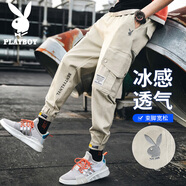 花花公子（PLAYBOY）工裝褲男春夏季褲子男寬松休閑褲男士潮流束腳男褲 淺卡其色 XL