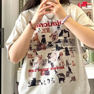 文頗100%純棉重磅新款潮牌青春潮流上衣T恤女ins重磅克短袖情侶男女 A2-28-貓貓狗狗短袖-淺灰 XL