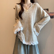 抒函淺綠色V領(lǐng)針織衫馬海毛毛衣女2025秋冬大碼胖Imm中長(cháng)款蕾絲邊上衣 淺綠色 燕麥毛衣 M  (80-100斤)