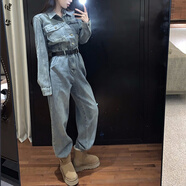 茵侈感復古港味牛仔連身褲女2025年冬季新款長(cháng)袖連體衣高腰闊腿褲 藍色+腰帶 M (建議95-105斤)