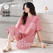 美即萊（MEIJILAI）帶胸墊睡衣女夏季純棉短袖七分褲套裝薄款寬松加大碼春夏款家居服 23031B（帶胸墊） L （身高160-165體重100-120）