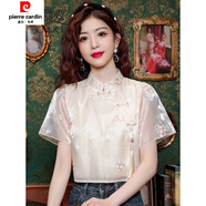 皮爾卡丹新中式短袖雪紡襯衫女士國(guó)風(fēng)刺繡上衣夏新款歐根紗短款T133# 圖片色 L 建議110-120斤