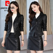 皮爾卡丹（pierre cardin）2025春秋季短款加夾棉皮衣女新款收腰修身長(zhǎng)袖皮外套氣質(zhì)時(shí)尚套裝 不夾棉皮衣+皮裙 2XL (120-130斤)