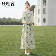絲柏舍印花連衣裙2025春夏新款女裝V領(lǐng)七分袖高腰度假風(fēng)大擺裙