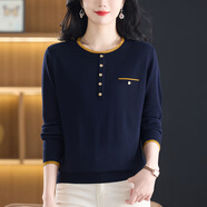 歌米拉（Gemila）針織衫女薄款洋氣春秋2025新款款寬松長(cháng)袖T恤打底衫圓領(lǐng)上衣 藏青 XL 【建議 120-130斤】
