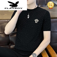 花花公子（PLAYBOY）歐洲站男輕奢短袖t恤男潮高端圓領(lǐng)冰絲針織滿(mǎn)天星半袖體恤上衣 黑色 XL 130-145斤