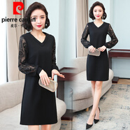 皮爾卡丹（pierre cardin）大l碼胖妹妹2025春秋女裝長袖蕾絲拼接韓版顯瘦連衣裙中長款直筒 黑色 棉的面料舒服 適合128-145斤 2XL