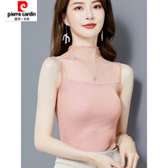 皮爾卡丹（pierre cardin）蕾絲高領(lǐng)網(wǎng)紗打底衫女春夏新款亮絲緊身內(nèi)搭上衣無袖t恤薄款 粉色 XL
