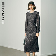顏域蕾絲氣質(zhì)連衣裙女2024秋季通勤收腰顯瘦長(cháng)袖圓領(lǐng)裙子 灰色1 M 