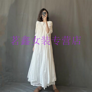 QIXIAO森女日系棉麻連衣裙女長袖白色仙女大擺亞麻袍子長裙夏高端綿 白色 均碼