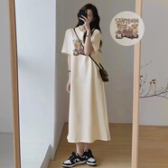 JRET連衣裙女夏天2025新款夏季短袖t恤裙子韓版寬松大碼開(kāi)叉過(guò)膝長(cháng)裙 奶茶色(趣味熊) XL :125-145