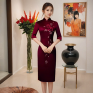 玫芙娜旗袍修身顯瘦氣質(zhì)酒紅色繡花旗袍中長(zhǎng)款中國(guó)風(fēng)喜婆婆婚宴時(shí)尚禮服 酒紅色中袖 M