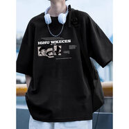 虎躍酷短袖t恤男款2025新款夏季重磅純棉寬松半袖衣服美式潮流體恤上衣 黑色 XL （120斤-140斤）