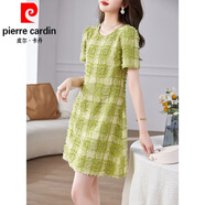 皮爾卡丹（pierre cardin）歐洲站2025夏季新款洋氣小個(gè)子韓版休閑格子毛須短袖連衣裙女針織 綠色 XL 115-130斤
