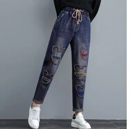 憶思減牛仔褲女高腰2025年新款春秋松緊腰褲子休閑百搭哈倫褲老爹蘿卜褲 9035#【米奇刺繡】藍色長(cháng)褲 XL 124-138斤