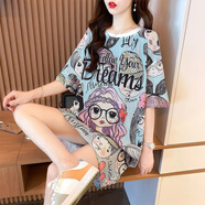 tzbt休閑速干網(wǎng)眼透氣中長(zhǎng)款T恤夏季新款短袖寬松大碼女式T恤裙上衣女 藍(lán)色女孩 XL 建議120-140斤