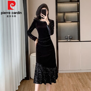 皮爾卡丹（pierre cardin）赫小本香風(fēng)法式晚名媛輕奢氣質(zhì)長袖珠片金絲絨魚尾連衣裙長裙 黑色 S