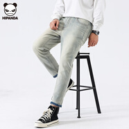 HIPANDA你好熊貓春夏新款彈力牛仔褲男士高端修身直筒韓潮黃泥色九分長(cháng)褲 水泥黃長(cháng)褲 40 【建議210-230斤】