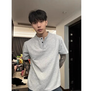 卡圖弛美式華夫格亨利領(lǐng)重磅短袖t恤男夏季寬松潮流五分半袖高街體恤衫 灰色 M