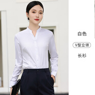 AJLD無(wú)領(lǐng)職業(yè)白襯衫女工作服長(cháng)袖氣質(zhì)工裝圓領(lǐng)小眾面試正裝制服v領(lǐng) V型立領(lǐng)款白色長(cháng)衫 S :95斤以下