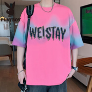 花花公子（PLAYBOY）短袖t恤男夏季潮牌印花半袖男痞帥休閑上衣服青少年重磅圓領體恤T 2541玫紅 M 約90~105斤可穿