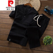 皮爾卡丹高檔品牌男裝中國風(fēng)套裝男夏季修身兩件套唐裝名族風(fēng)短袖棉麻+九分褲爸爸裝針織 黑色 M