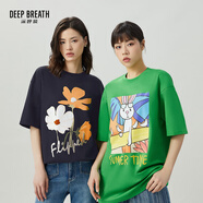深呼吸DEEP BREATH女裝趣味印花圖案休閑寬松長絨棉短袖T恤女A301187 藏藍-小花 L (4碼)