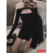 性感辣妹連衣裙女新款收腰連衣裙黑色包臀裙純欲風(fēng)秋冬季 黑色 辣妹/款 S