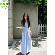 DXOT2025藍(lán)色格紋蕾絲抹胸連衣裙女夏季法式浪漫氣質(zhì)感可拆卸吊帶長裙 藍(lán)色【優(yōu)質(zhì)款】 M 建議90-105斤