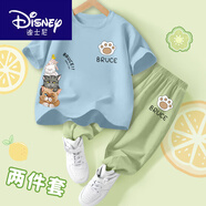 迪士尼（Disney）兒童2025短袖純棉T恤新款冰絲防蚊褲夏季男女孩夏裝上 四只貓和爪-淺藍色+BRUCE爪-綠色 90 cm 建議身高 80-90cm