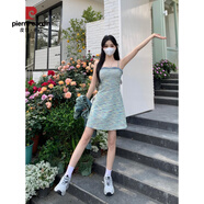 皮爾卡丹（pierre cardin）大尺碼條紋連衣裙女胖mm微胖吊帶裙子美式牛仔外套兩件套顯瘦套裝 藍色短款吊帶裙 XL (建議120~140斤)
