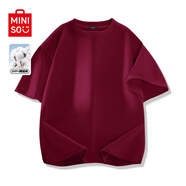 名創(chuàng)優(yōu)品（MINISO）基礎(chǔ)款logo笑臉短袖男夏季簡(jiǎn)約百搭純棉圓領(lǐng)男生大碼寬松休閑T恤 酒紅(純色) L /175(30天質(zhì)量問(wèn)題全額退)