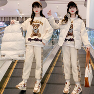 奧米鼠童裝女童套裝2022新品深秋季韓版中大兒童加絨加厚衛(wèi)衣三件套女孩子保暖冬天衣服小學(xué)生3-15歲 米白色 150
