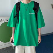 胖胖到家 夏季潮牌ins感棕侶短袖T恤男寬松大碼純棉半袖潮流體恤男 綠色 S 90-110斤可穿