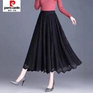 皮爾卡丹（pierre cardin）法式蕾絲半身裙女秋冬季款 高腰顯瘦a字裙兩面穿氣質(zhì)百褶大擺長裙 8032【蝴蝶花黑色長款84厘米】 M 建議85斤-110斤