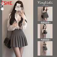 FSHE2025拉鏈長袖襯衫+灰色百褶裙套裝女 純欲穿搭張元英同款百褶裙 拉鏈襯衫+深灰色裙 M