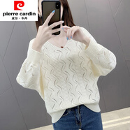 皮爾卡丹（pierre cardin）夏裝鏤空針織長(cháng)袖網(wǎng)衫女春秋新款蝙蝠罩衫薄款毛衣女寬松v領(lǐng)上衣 米白色 XL 建議110-120斤